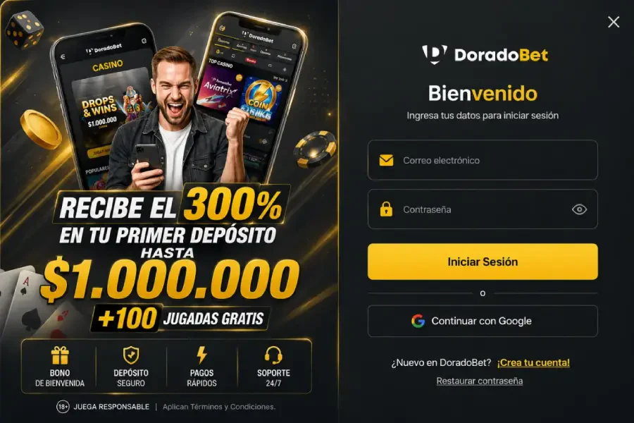 DoradoBet: 300% en primer deposito hasta $1.000.000 y 100 jugadas gratis. Juego responsable.
