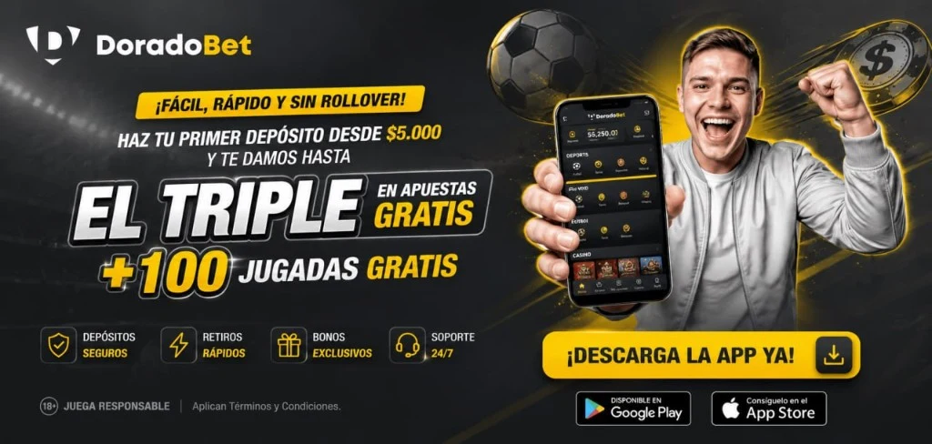 DoradoBet app Chile: primer deposito desde $5.000, el triple en apuestas gratis y 100 jugadas gratis; descarga en tiendas oficiales. Juego responsable.