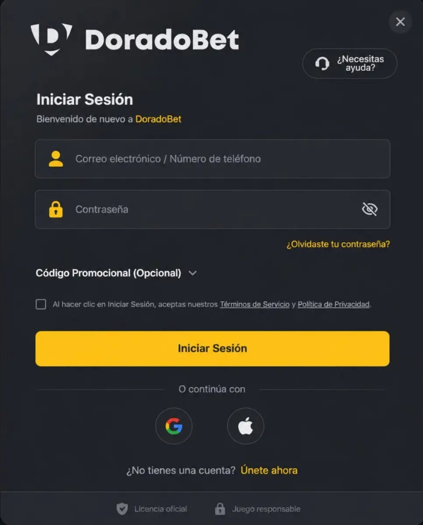 Iniciar sesion DoradoBet: formulario de acceso con correo, contrasena y opciones Google y Apple